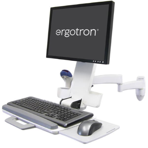 Ergotron 200 Series - Kit montaggio (braccio snodato, supporto per scanner codici a barre, ripiano per tastiera con porta-mouse sinistro/destro) - per display LCD/dotazione PC - acciaio - bianco - dimensione schermo: fino a 24" - installabile a parete